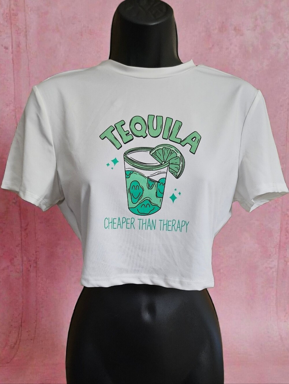 "Tequila - Cheaper Than Therapy" LG White Crop Top
